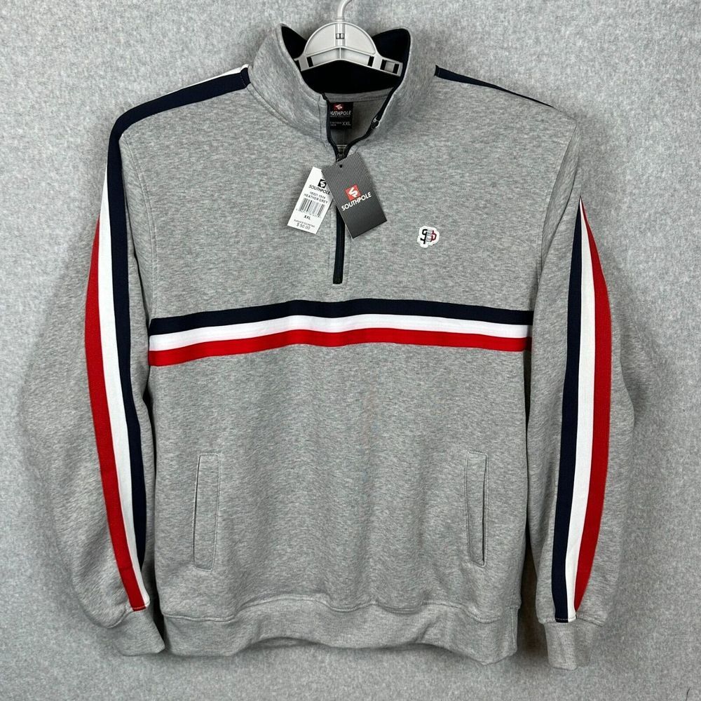Southpole Fleece Sweater Men XXL Heather Gray 1/4 Zip Red White Blue Stripes NWT